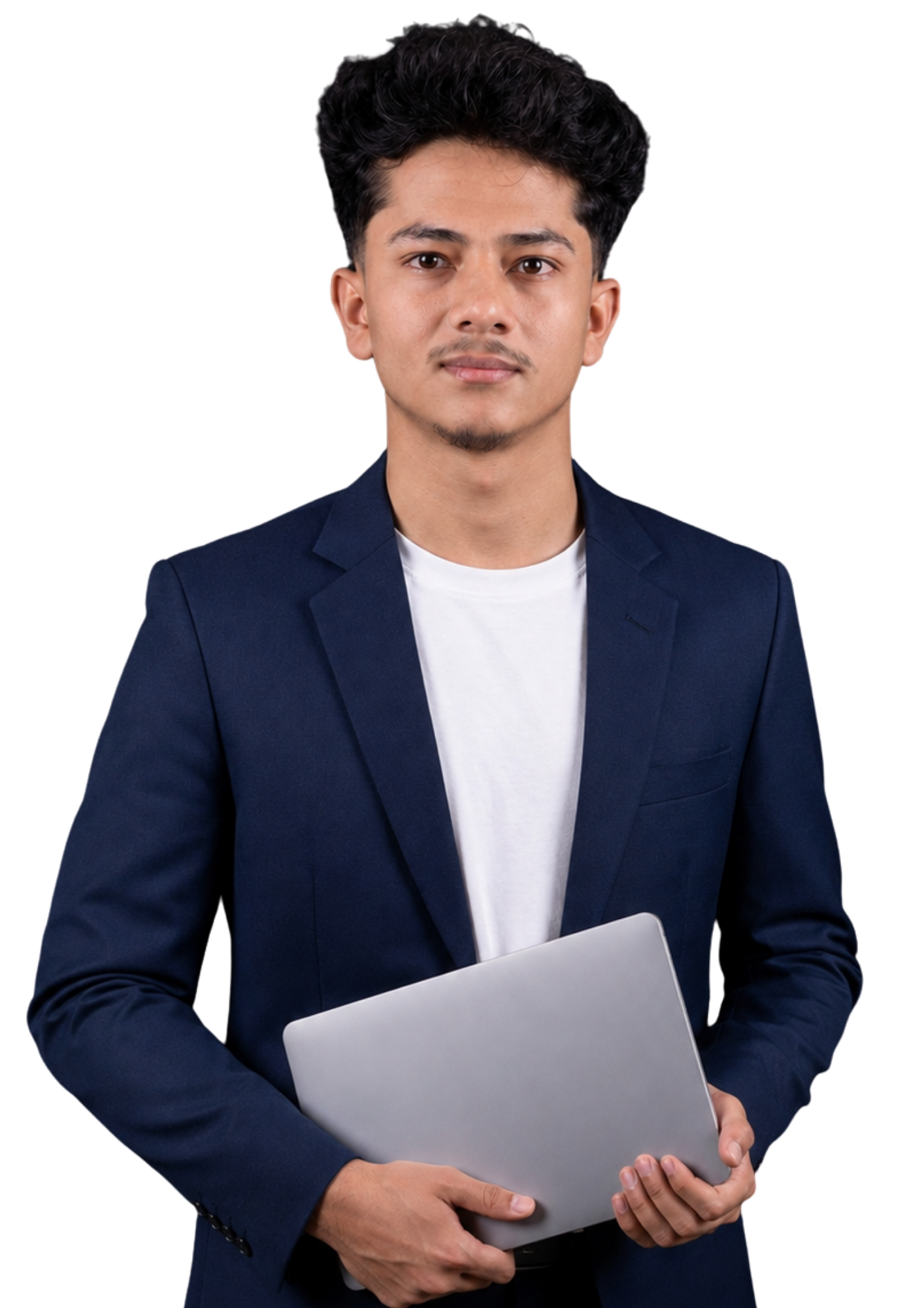 Yogendra in a navy blazer holding a silver laptop